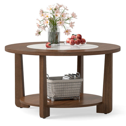 Farmhouse Accent Round Coffee Table with 2-Tone Tabletop and Open Storage Shelf for Living Room-Brown