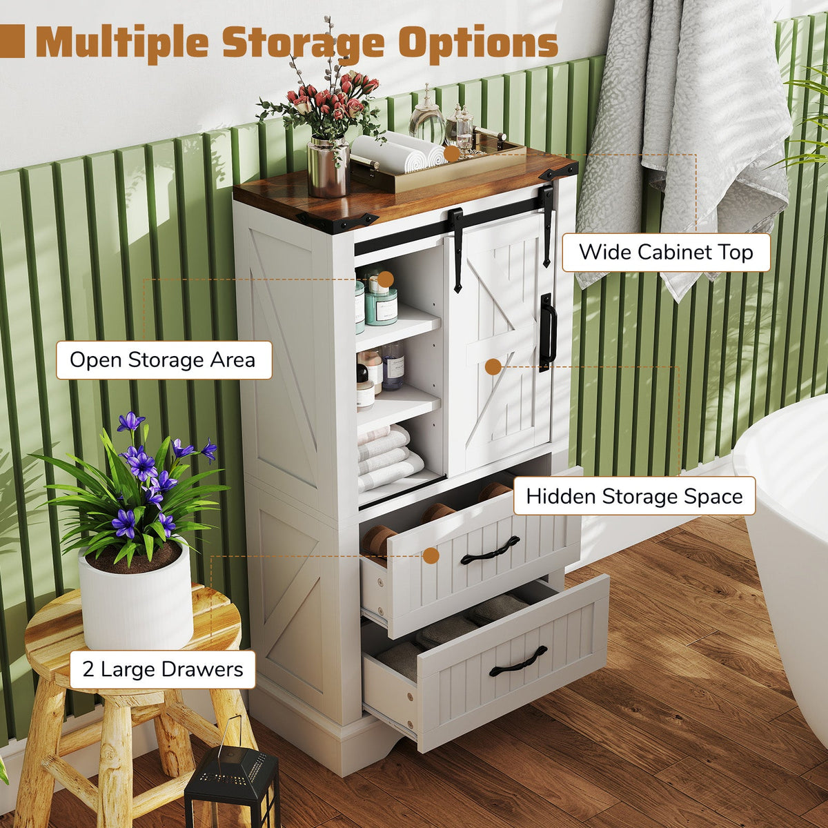 Farmhouse Bathroom Floor Cabinet Freestanding Wooden Storage Organizer-White