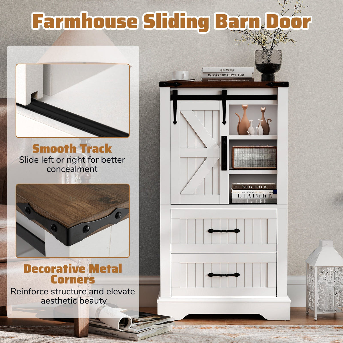 Farmhouse Bathroom Floor Cabinet Freestanding Wooden Storage Organizer-White