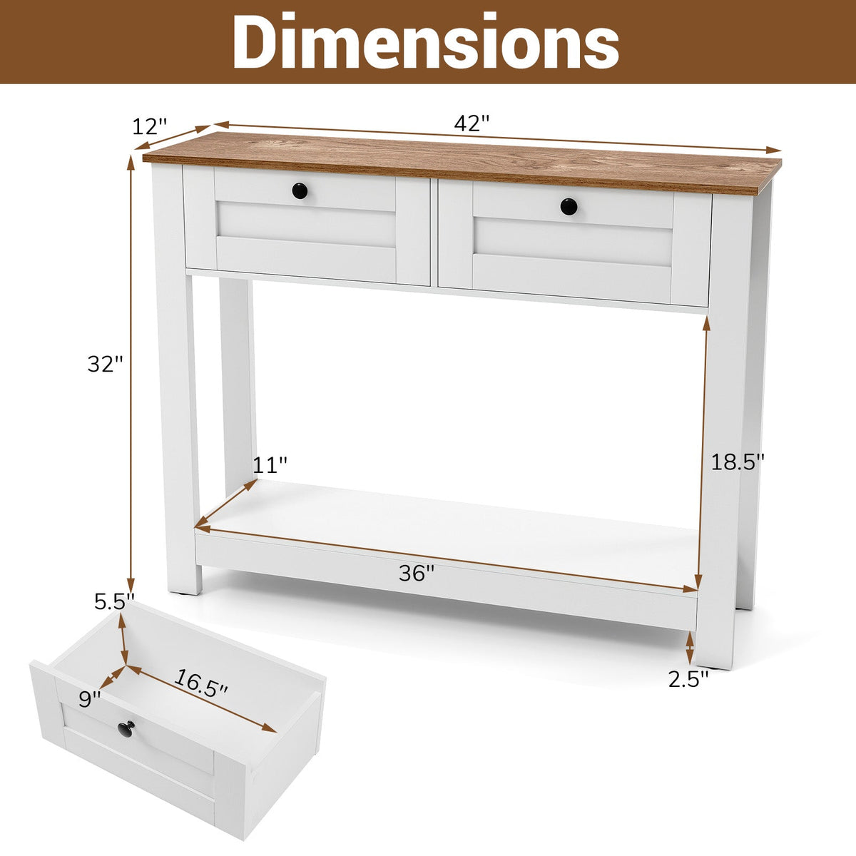 Farmhouse Console Table with 2 Drawers 42 inch Long Narrow Entryway Table