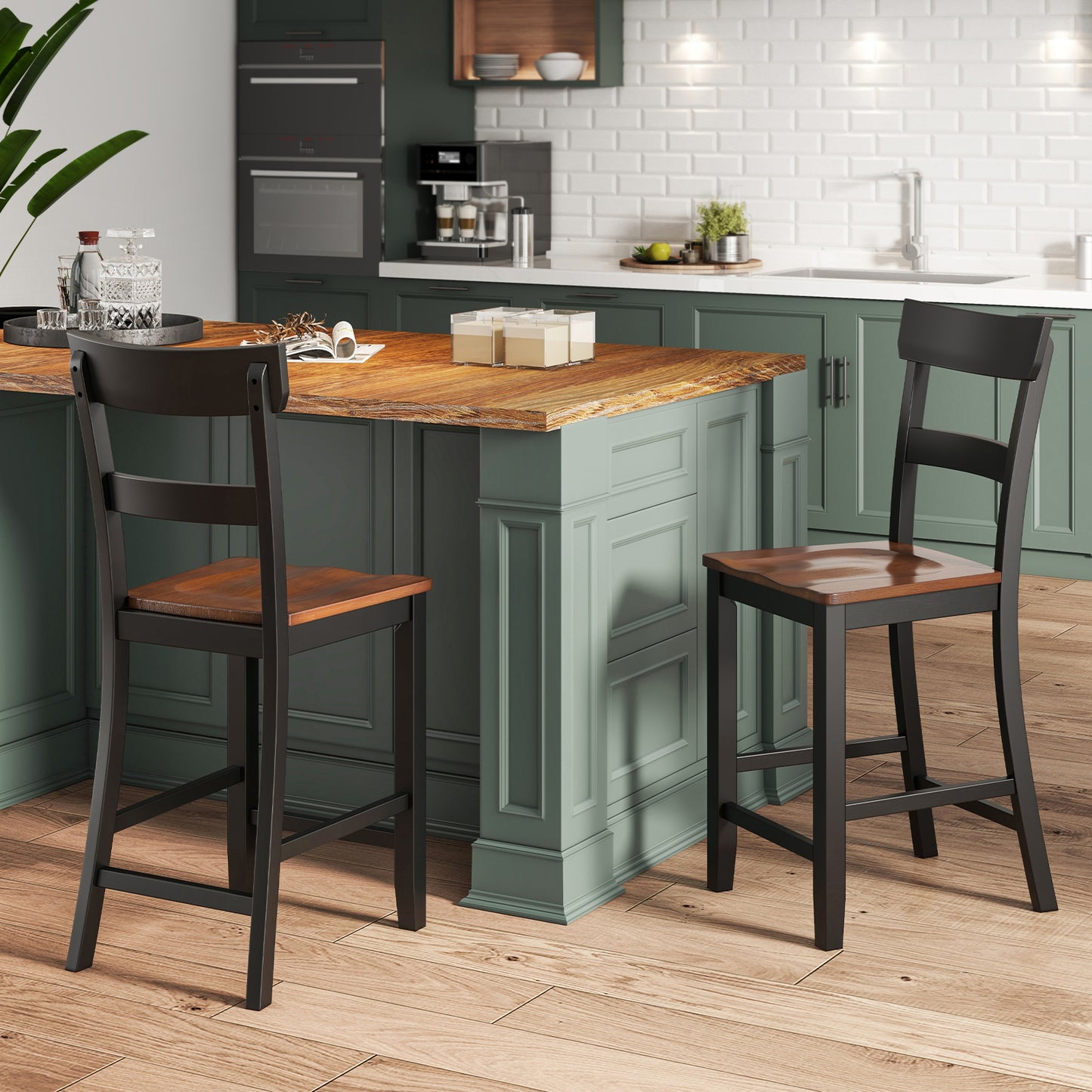 Farmhouse Dining Bar Stool Set of 2 with Solid Rubber Wood Frame