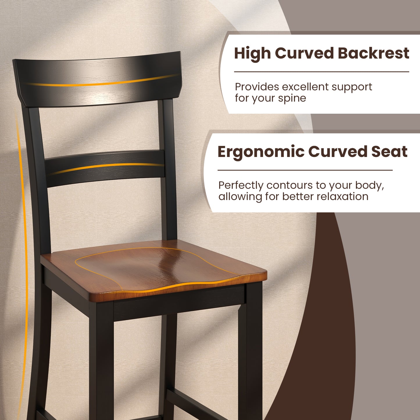 Farmhouse Dining Bar Stool Set of 2 with Solid Rubber Wood Frame