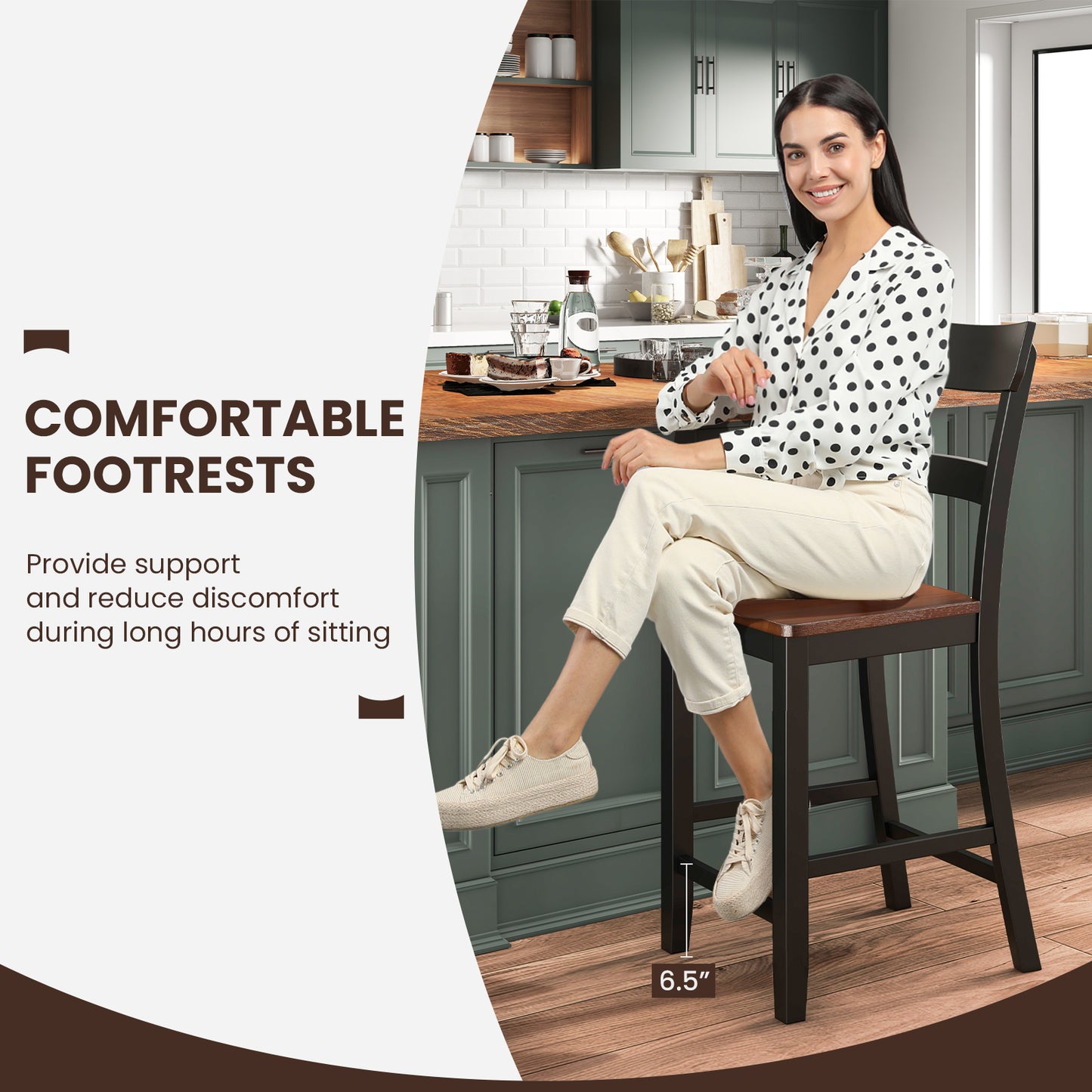 Farmhouse Dining Bar Stool Set of 2 with Solid Rubber Wood Frame