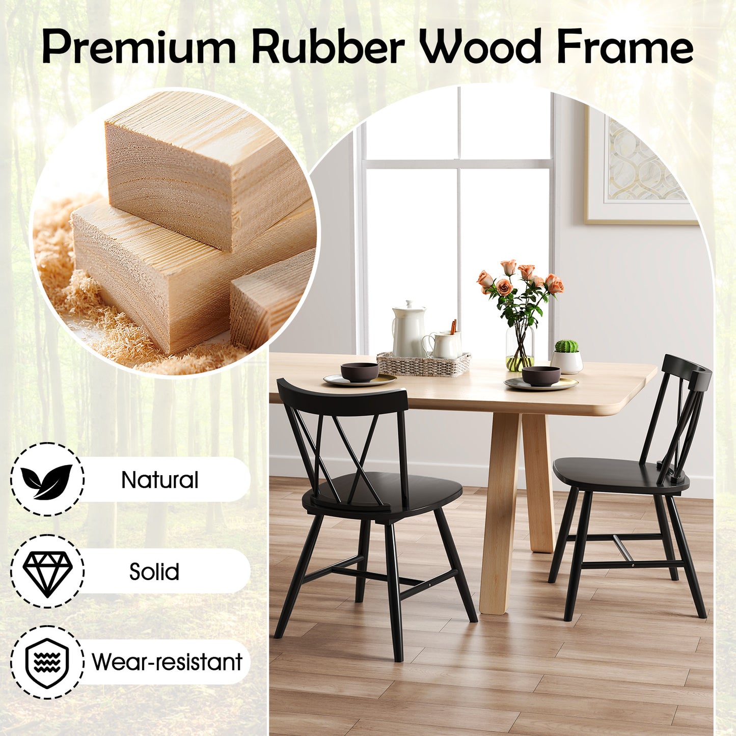 Rubber Wood Dining Chairs Set of 2 - Farmhouse Style