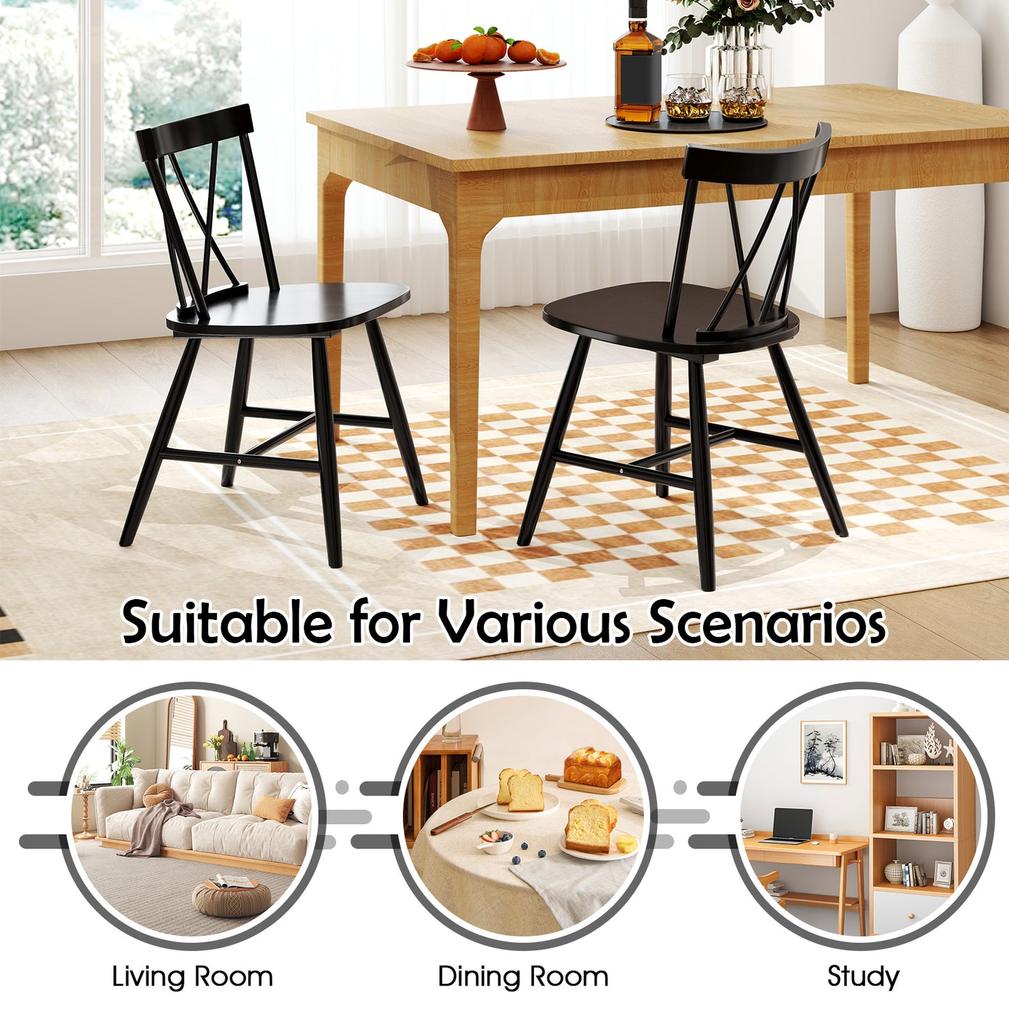 Rubber Wood Dining Chairs Set of 2 - Farmhouse Style