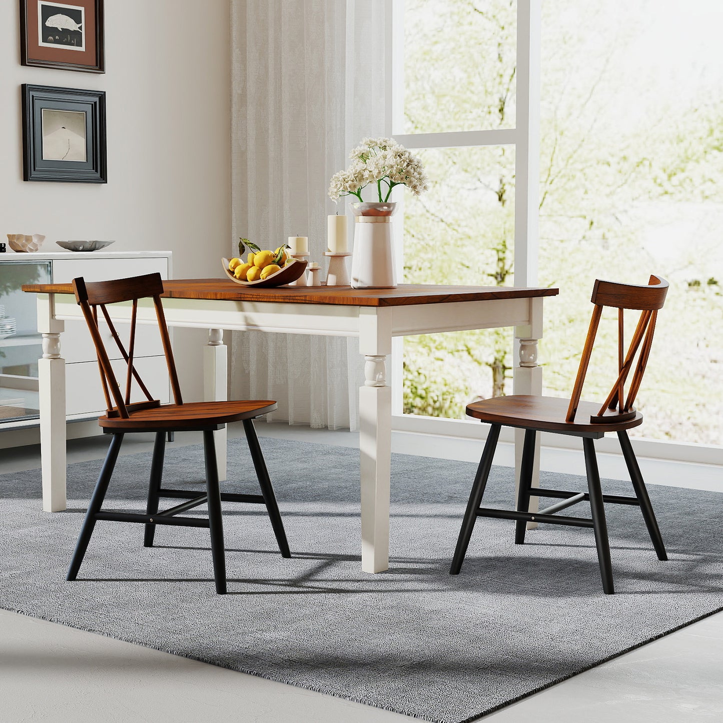Rubber Wood Dining Chairs Set of 2 - Farmhouse Style