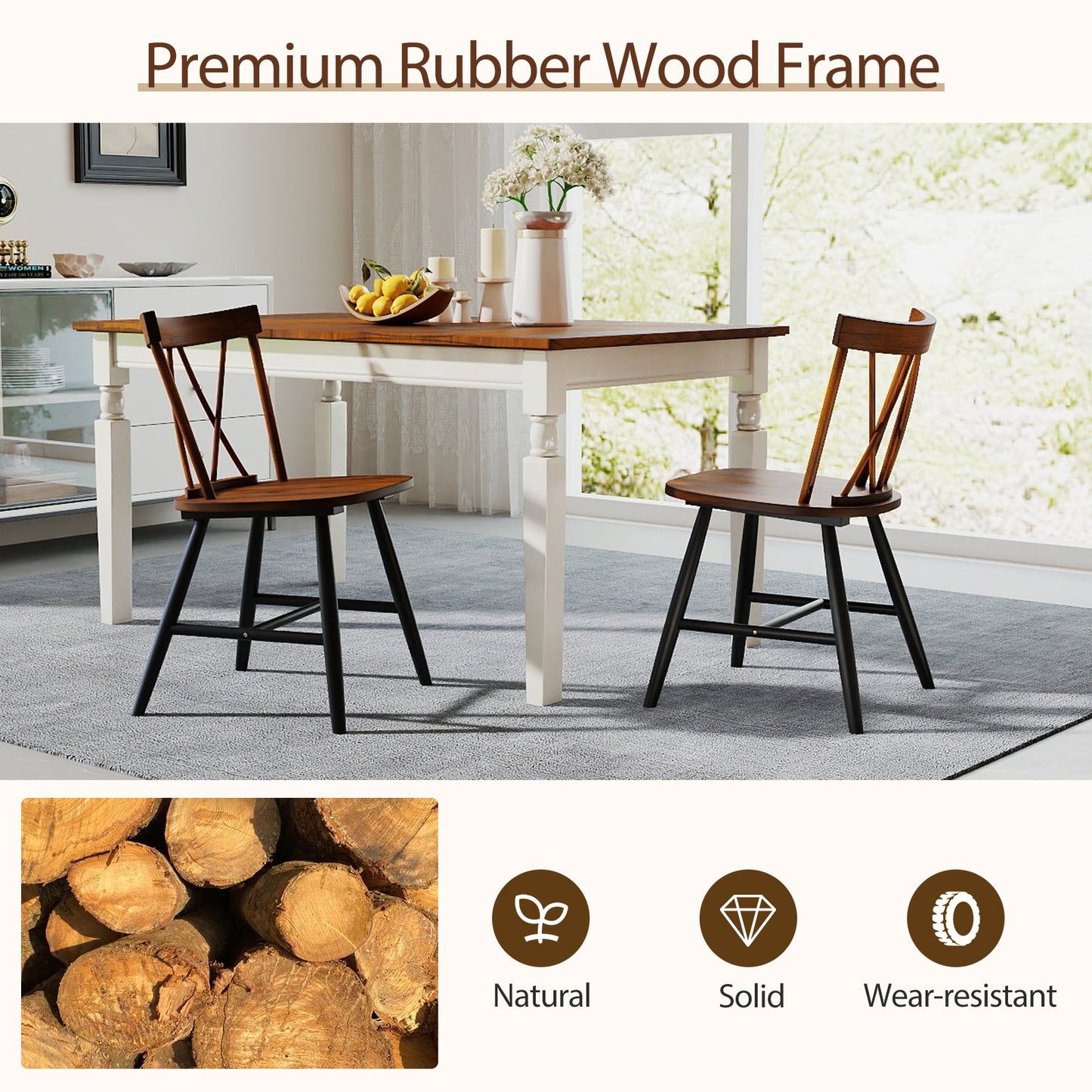 Rubber Wood Dining Chairs Set of 2 - Farmhouse Style