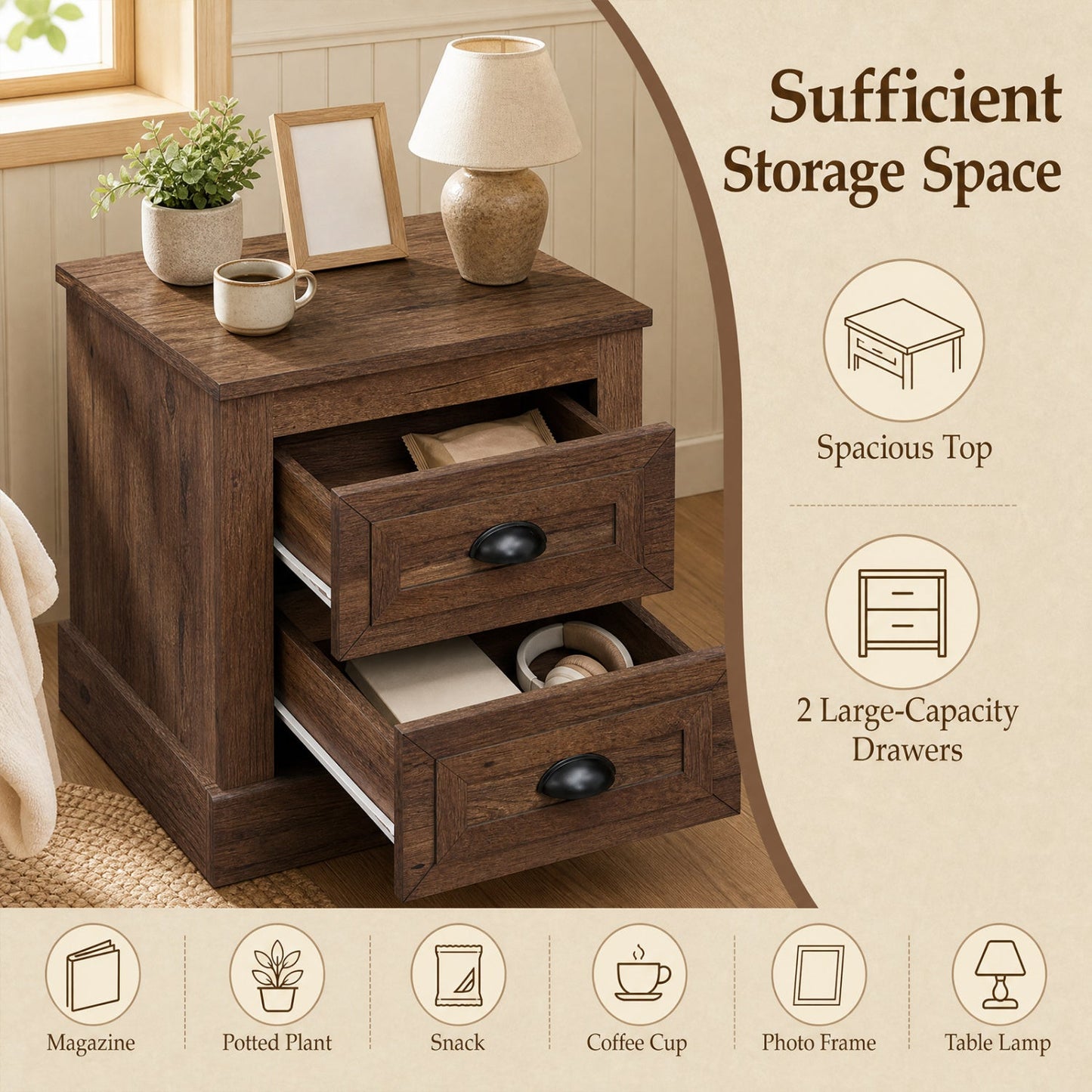 2-Drawer Nightstand with Storage - Farmhouse Brown Finish