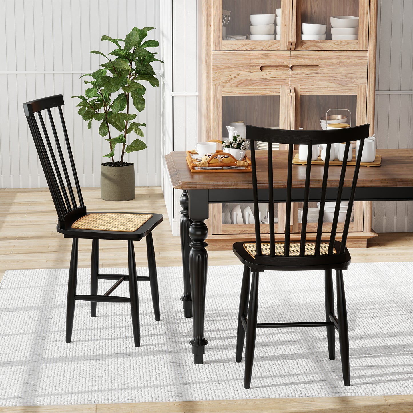 Solid Wood Dining Chairs Set of 2 with Rattan Seats