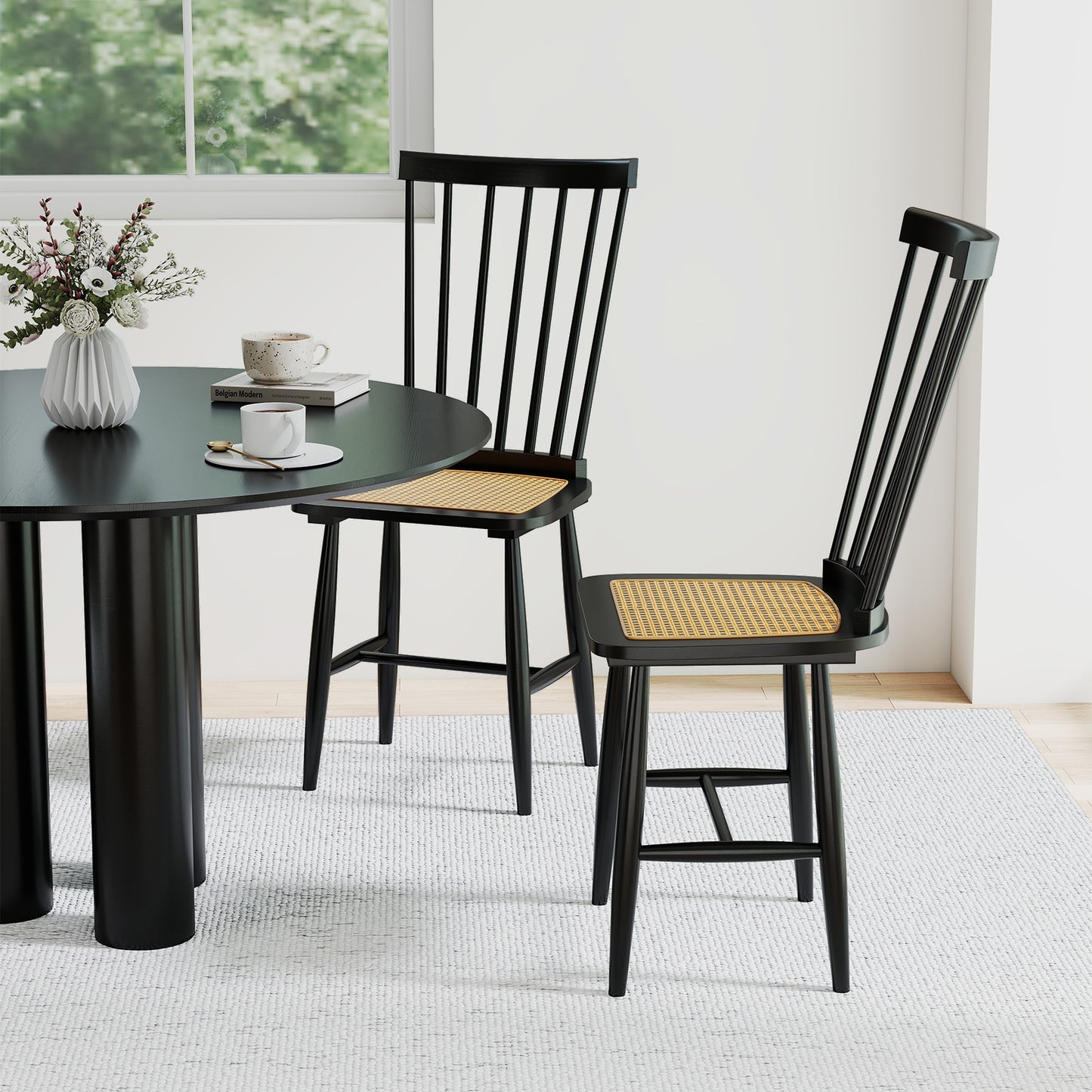 Solid Wood Dining Chairs Set of 2 with Rattan Seats