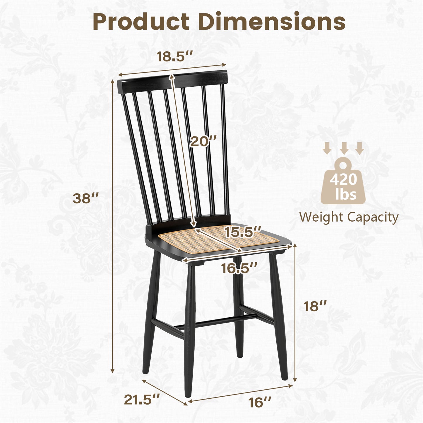 Solid Wood Dining Chairs Set of 2 with Rattan Seats