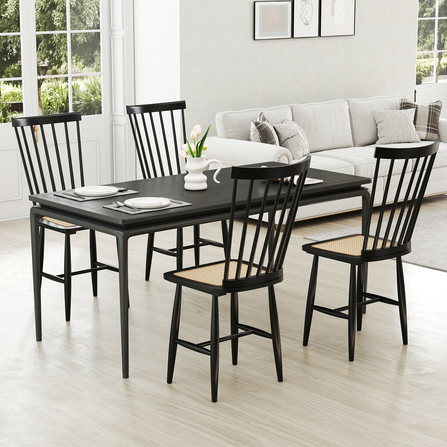 Solid Wood Dining Chairs Set of 2 with Rattan Seats