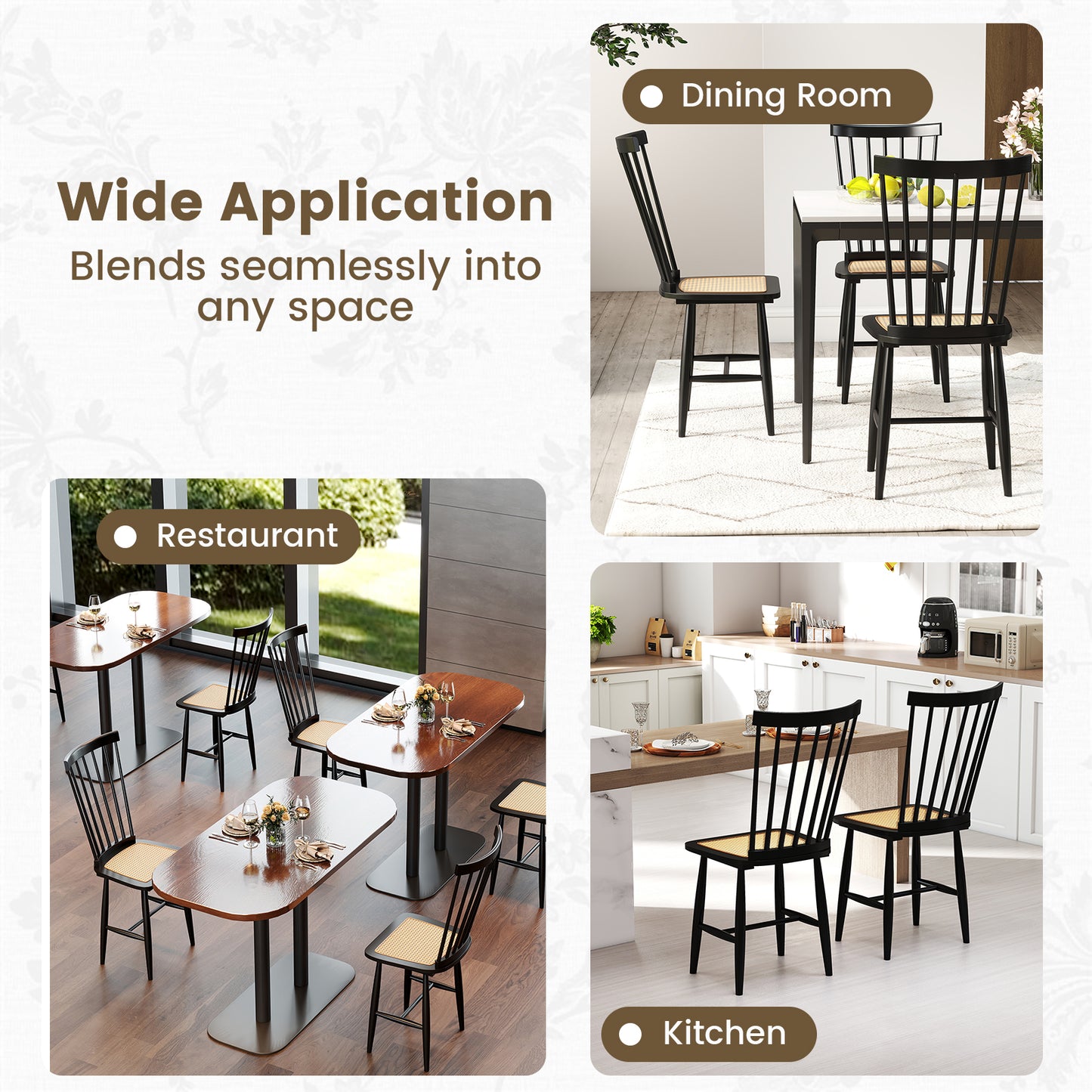 Solid Wood Dining Chairs Set of 2 with Rattan Seats