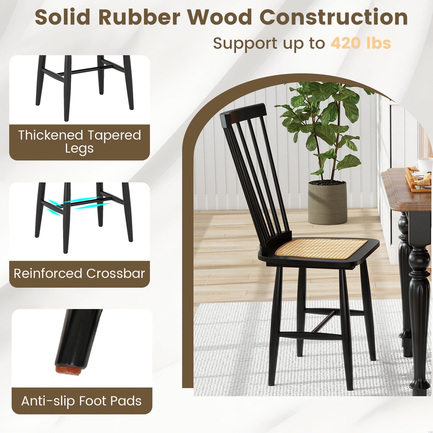 Solid Wood Dining Chairs Set of 2 with Rattan Seats