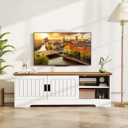 Farmhouse TV Stand for TVs up to 65 Inch with Sliding Doors and Storage Cabinets-White