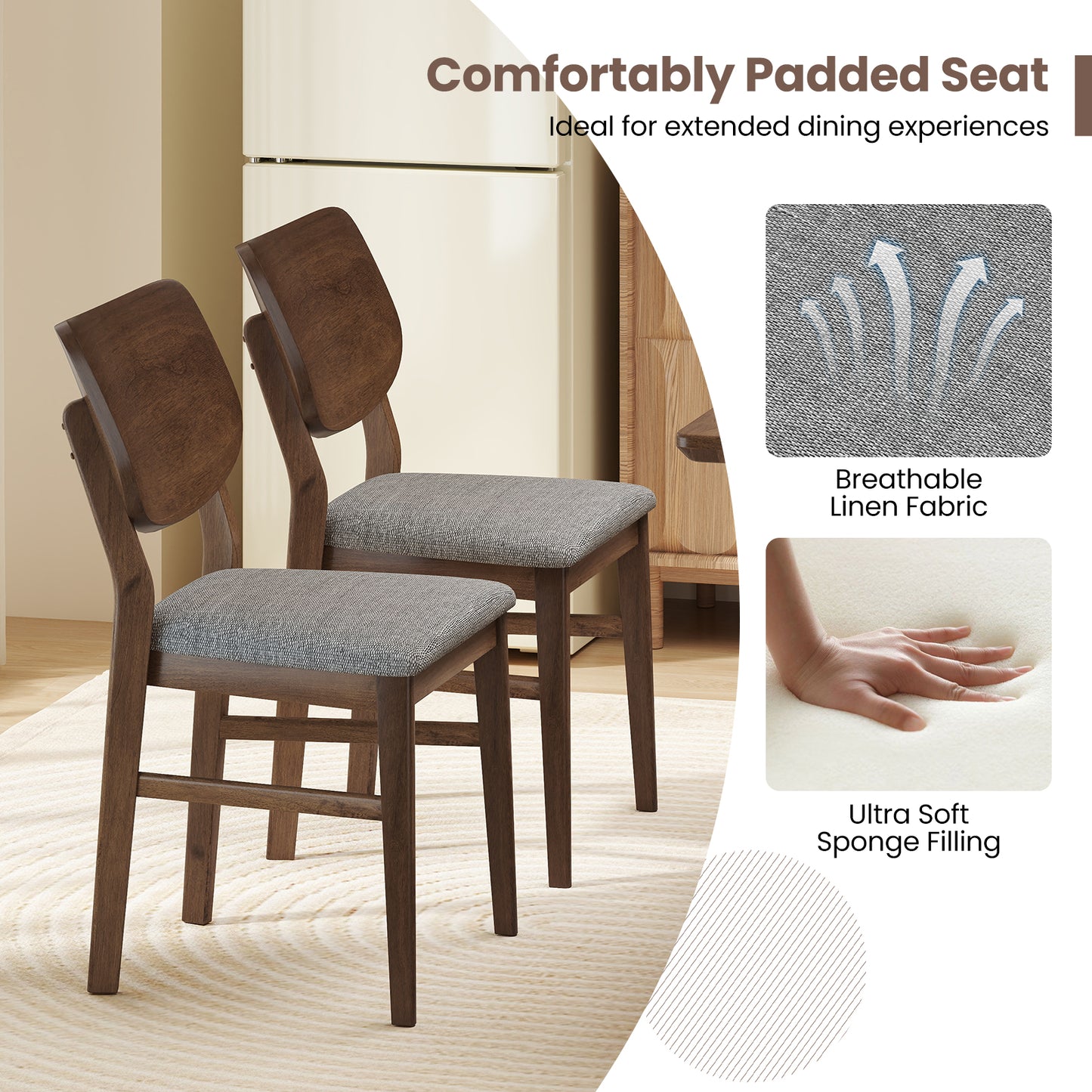 Upholstered Dining Chairs Set of 2 with Rubber Wood Frame