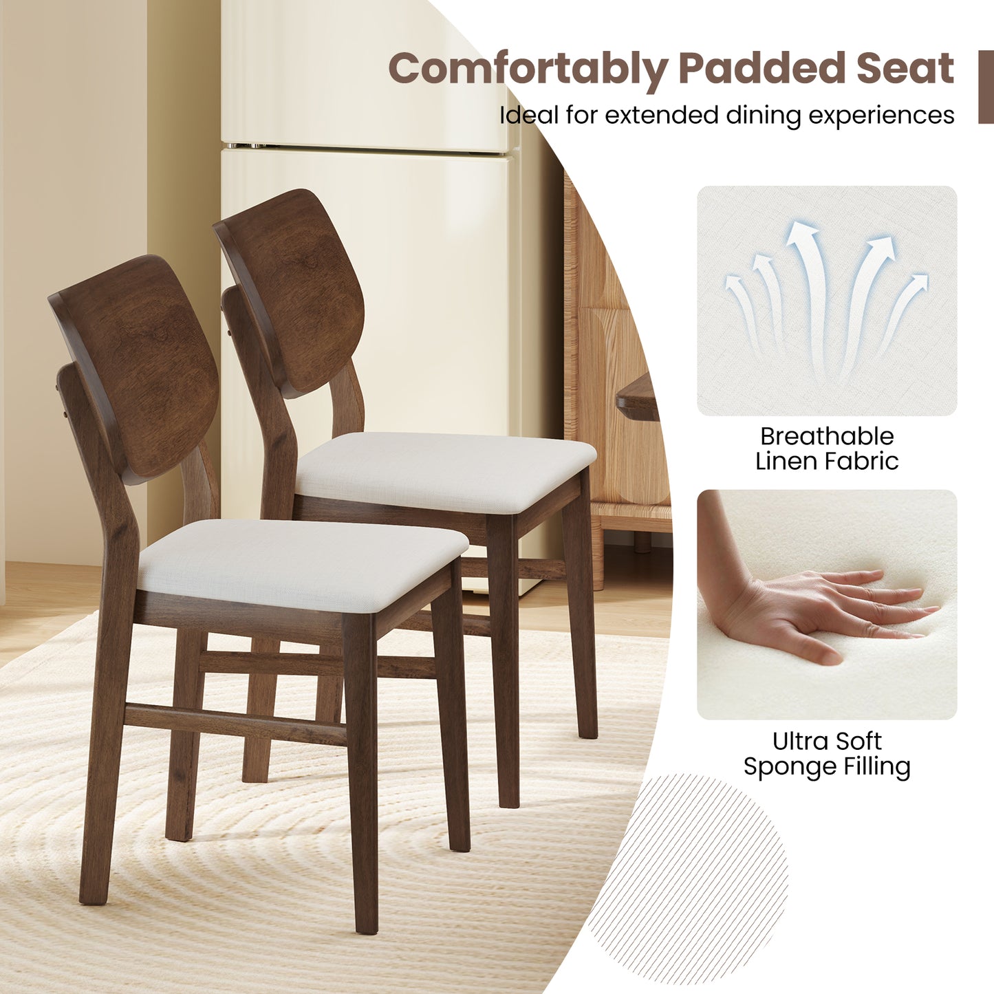 Upholstered Dining Chairs Set of 2 with Rubber Wood Frame