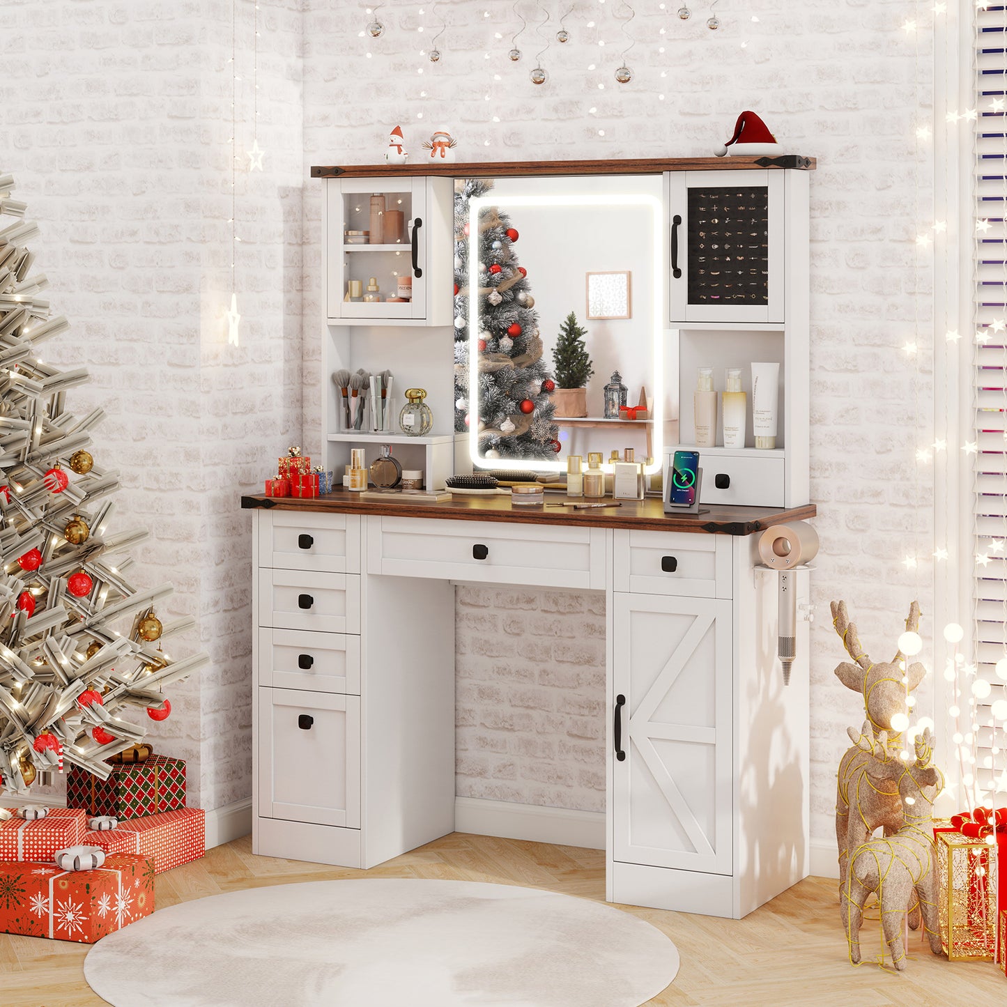 Farmhouse Vanity Desk with Lighted Mirror and 3 Doors