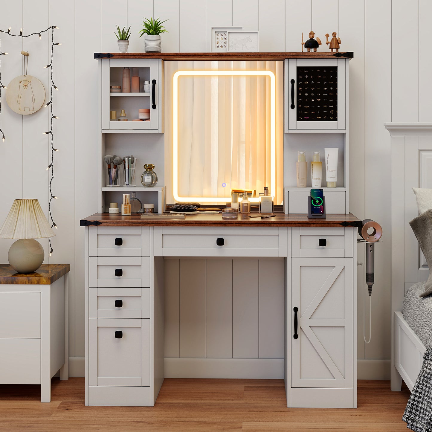 Farmhouse Vanity Desk with Lighted Mirror and 3 Doors