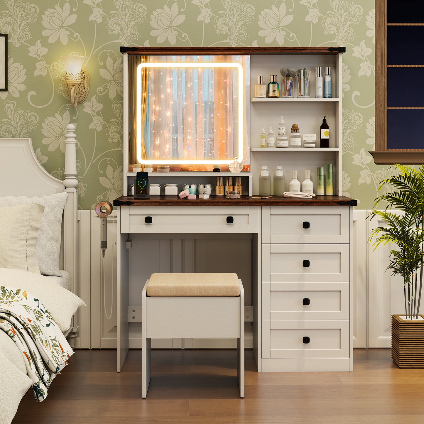 Farmhouse Vanity Set with Lighted Mirror and Storage