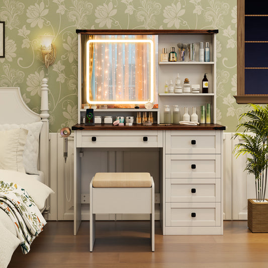 Farmhouse Vanity Set with Lighted Mirror and Storage