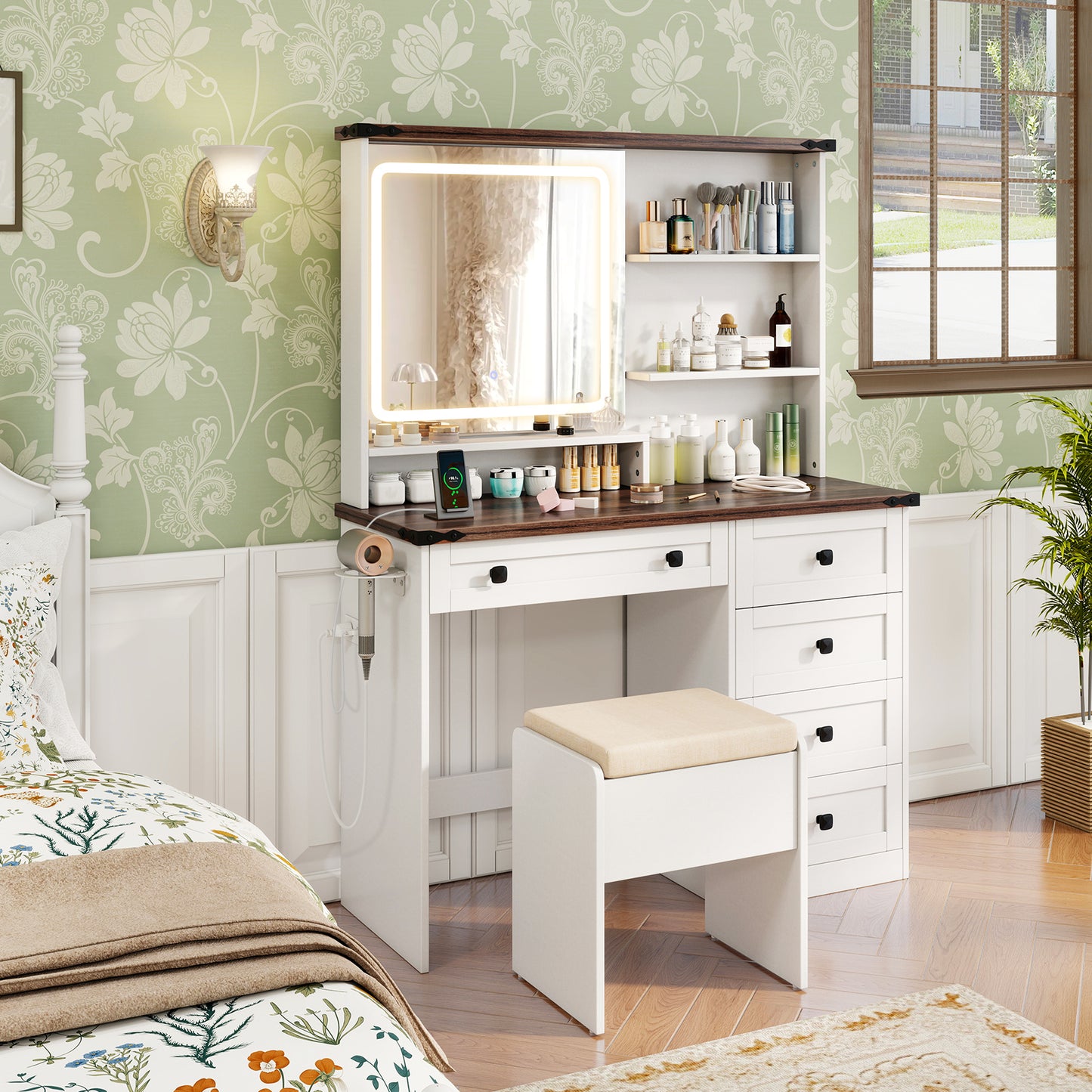 Farmhouse Vanity Set with Lighted Mirror and Storage