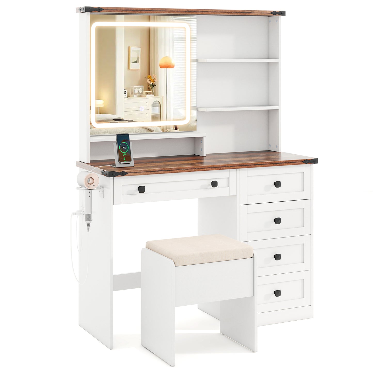 Farmhouse Vanity Set with Lighted Mirror and Storage