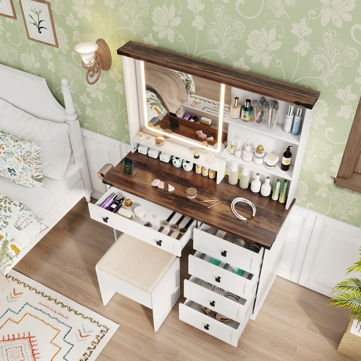 Farmhouse Vanity Set with Lighted Mirror and Storage