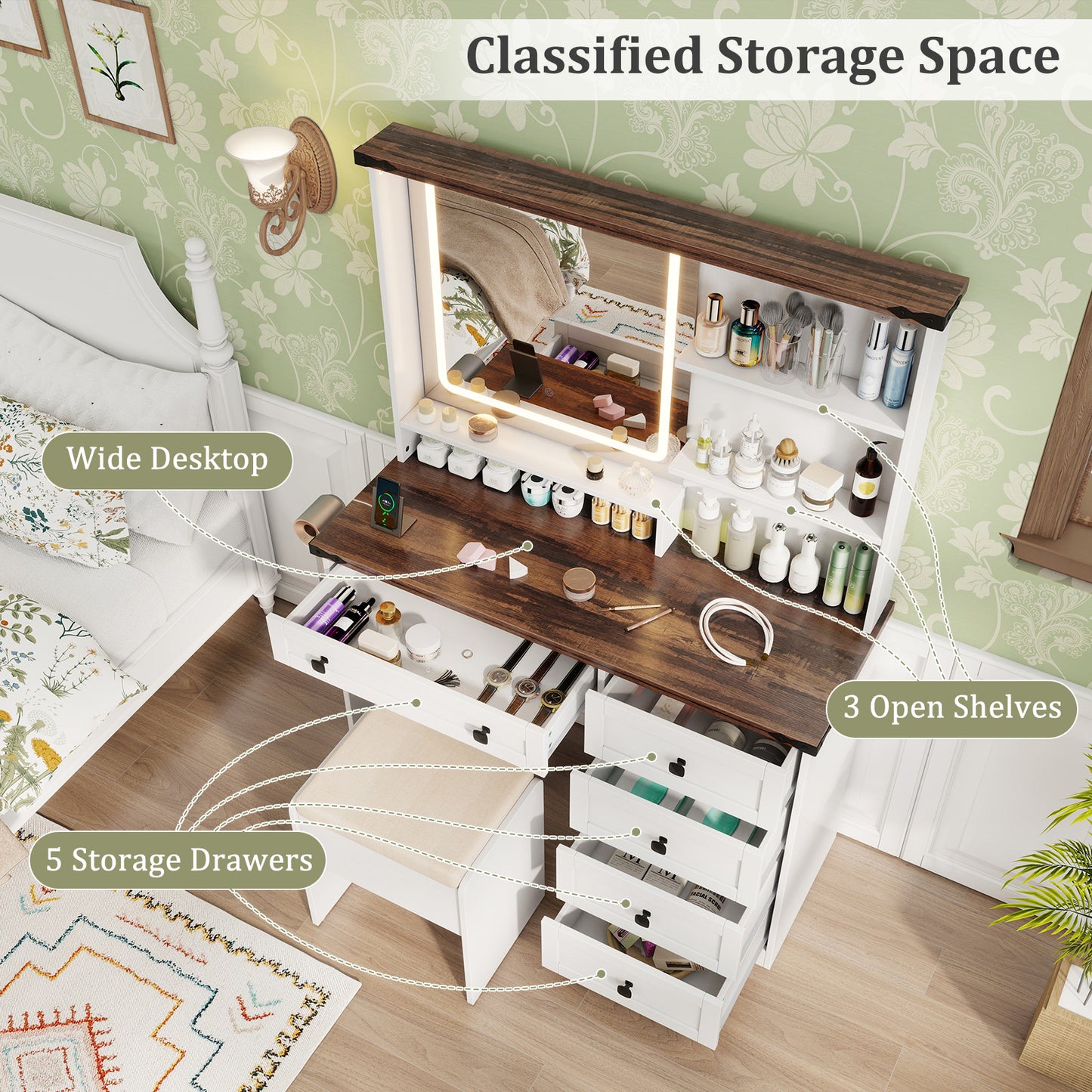 Farmhouse Vanity Set with Lighted Mirror and Storage