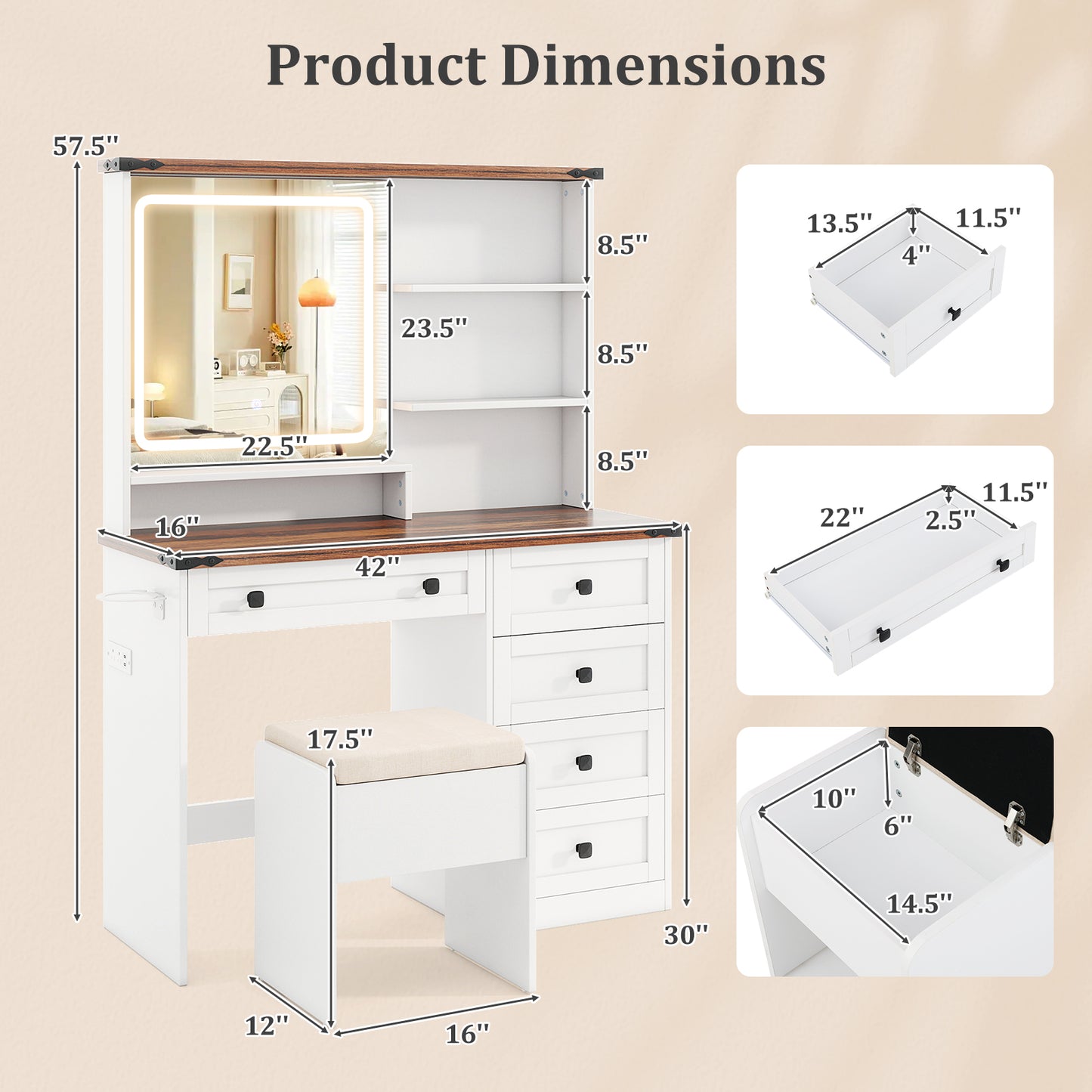 Farmhouse Vanity Set with Lighted Mirror and Storage