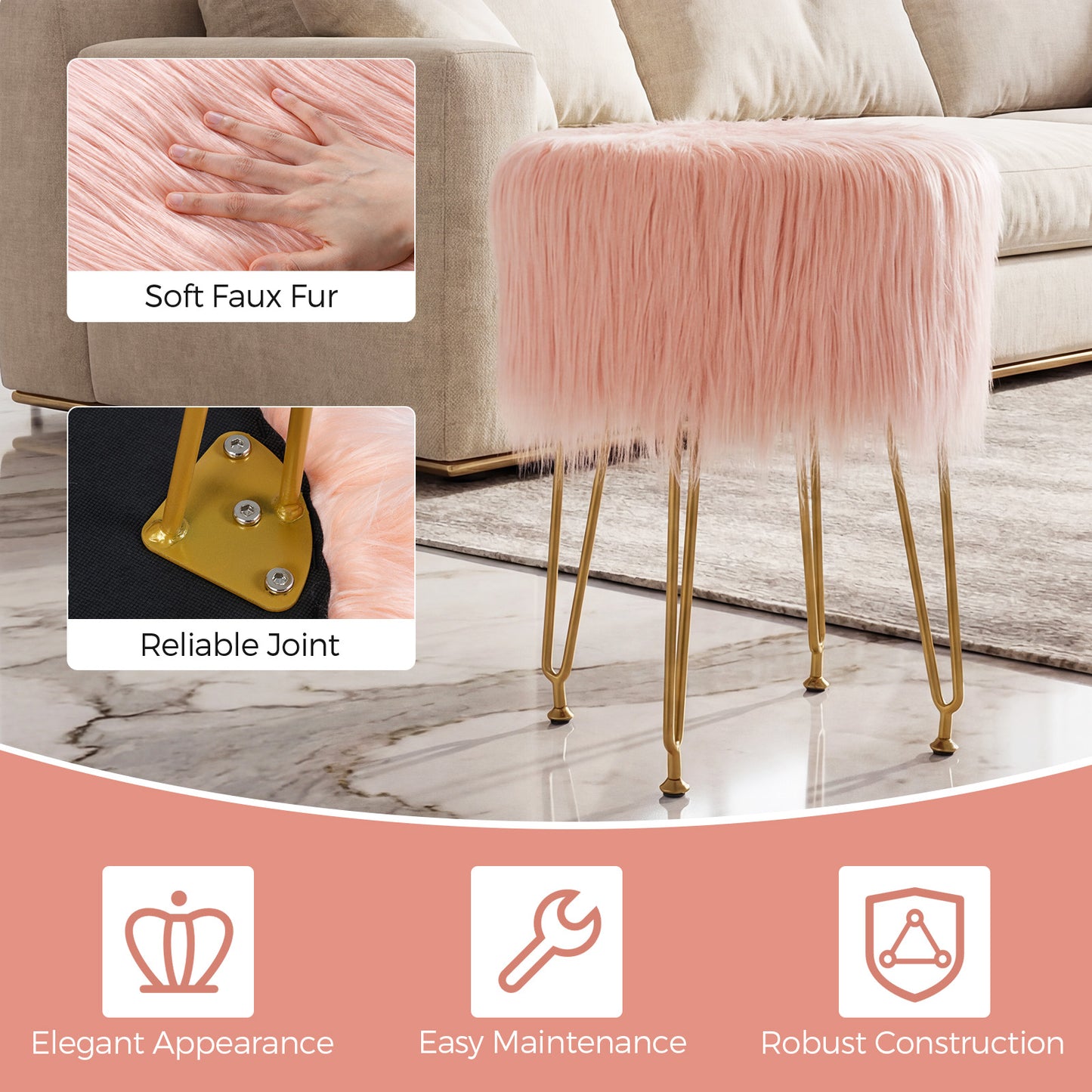 Faux Fur Vanity Stool with Metal Legs - 19.5" Height