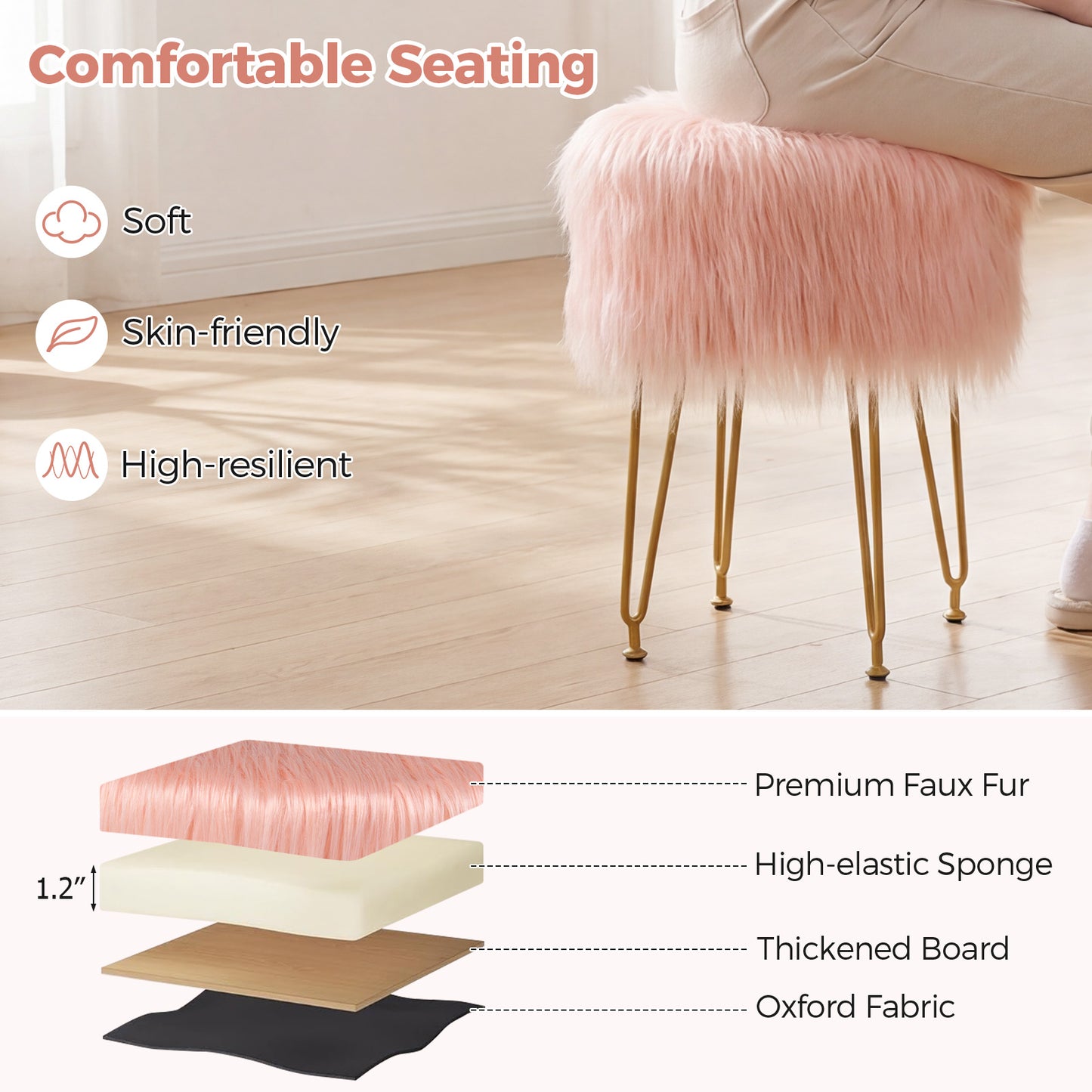 Faux Fur Vanity Stool with Metal Legs - 19.5" Height