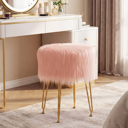 Faux Fur Vanity Stool with Metal Legs - 19.5" Height