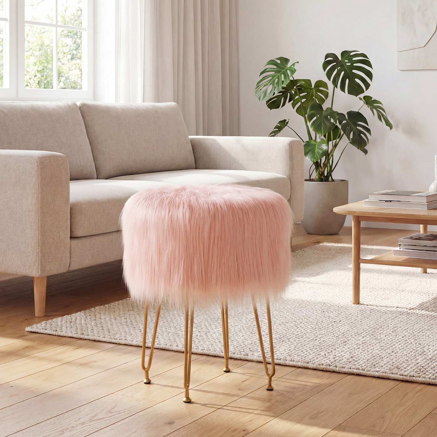 Faux Fur Vanity Stool with Metal Legs - 19.5" Height