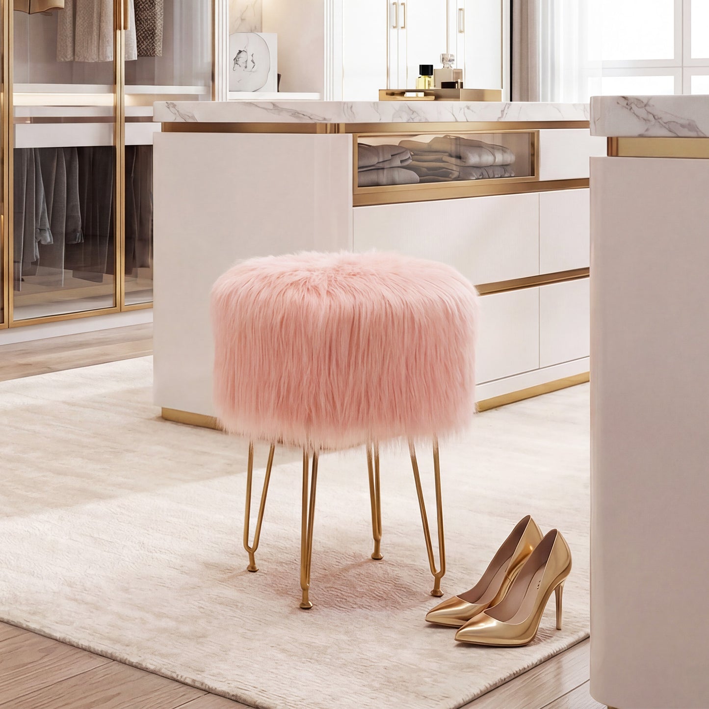 Faux Fur Vanity Stool with Metal Legs - 19.5" Height