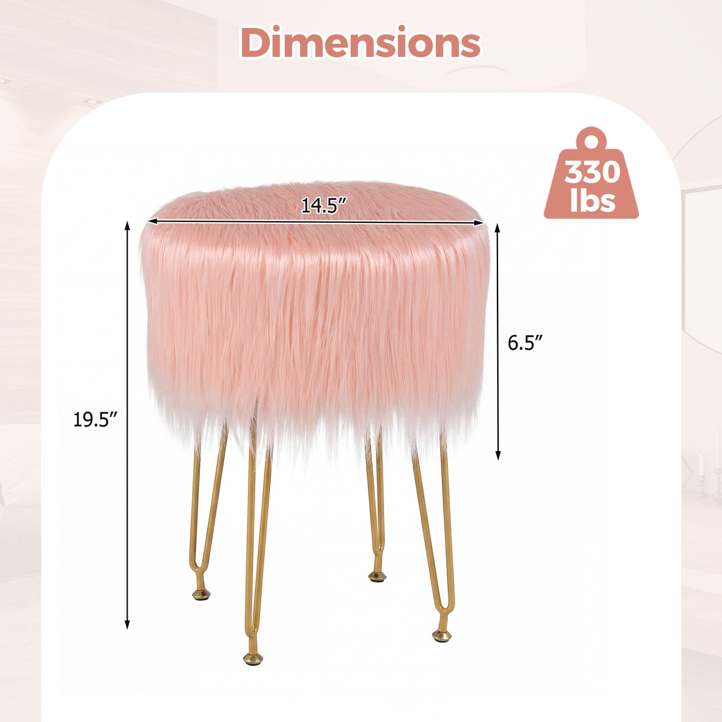 Faux Fur Vanity Stool with Metal Legs - 19.5" Height