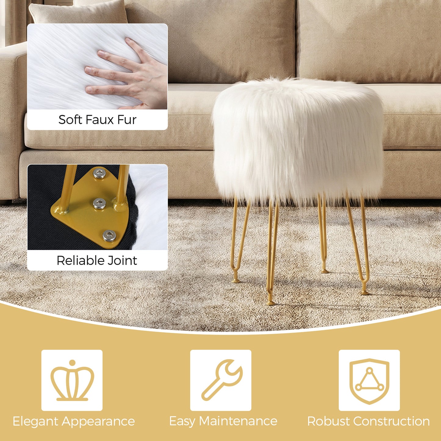 Faux Fur Vanity Stool with Metal Legs - 19.5" Height