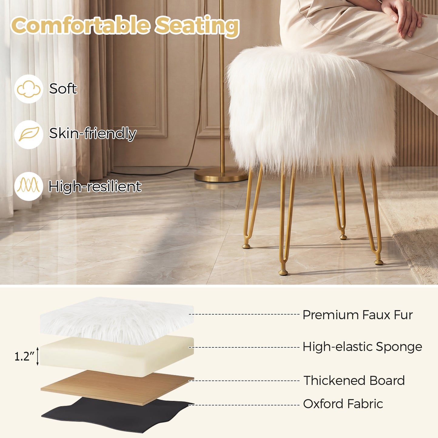 Faux Fur Vanity Stool with Metal Legs - 19.5" Height