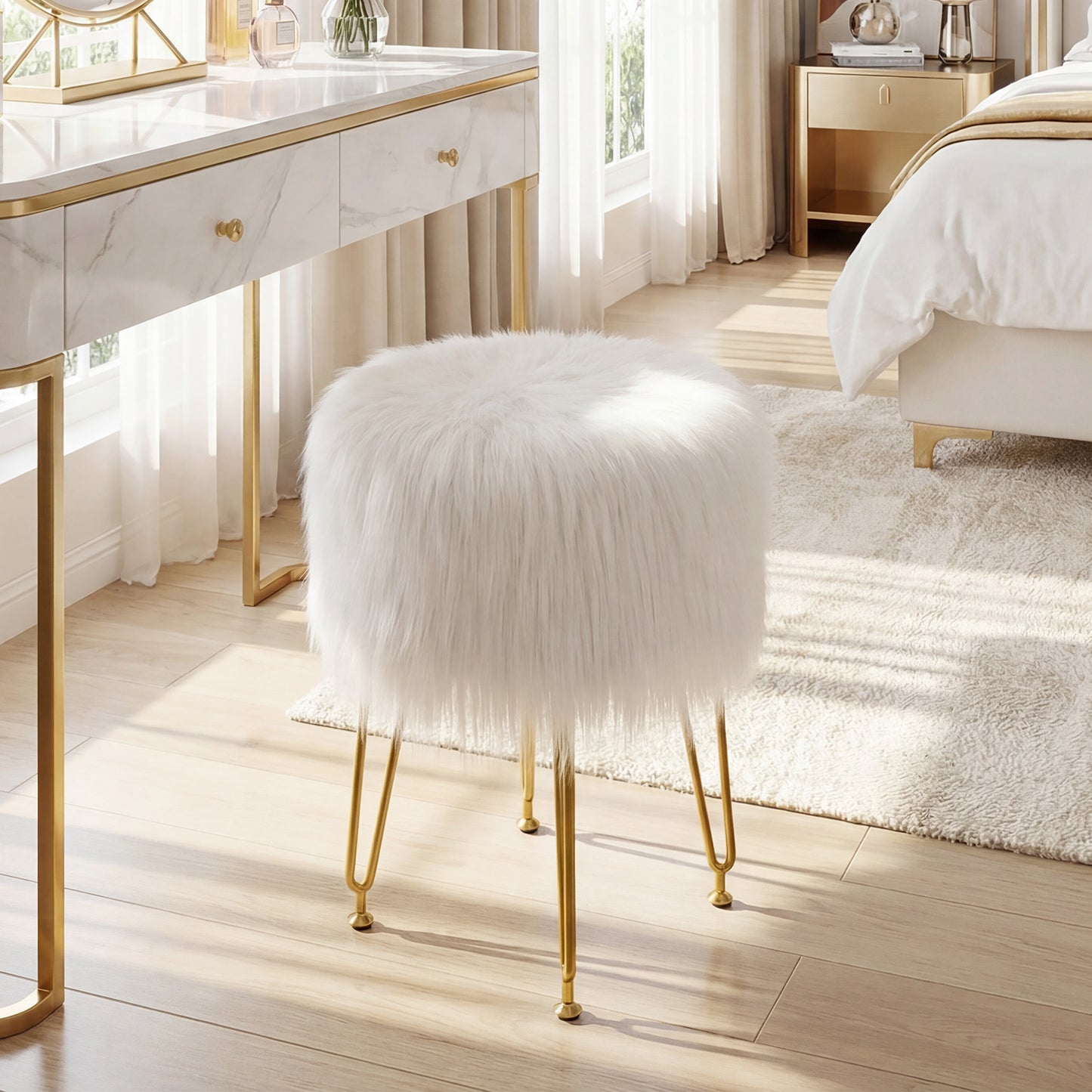 Faux Fur Vanity Stool with Metal Legs - 19.5" Height