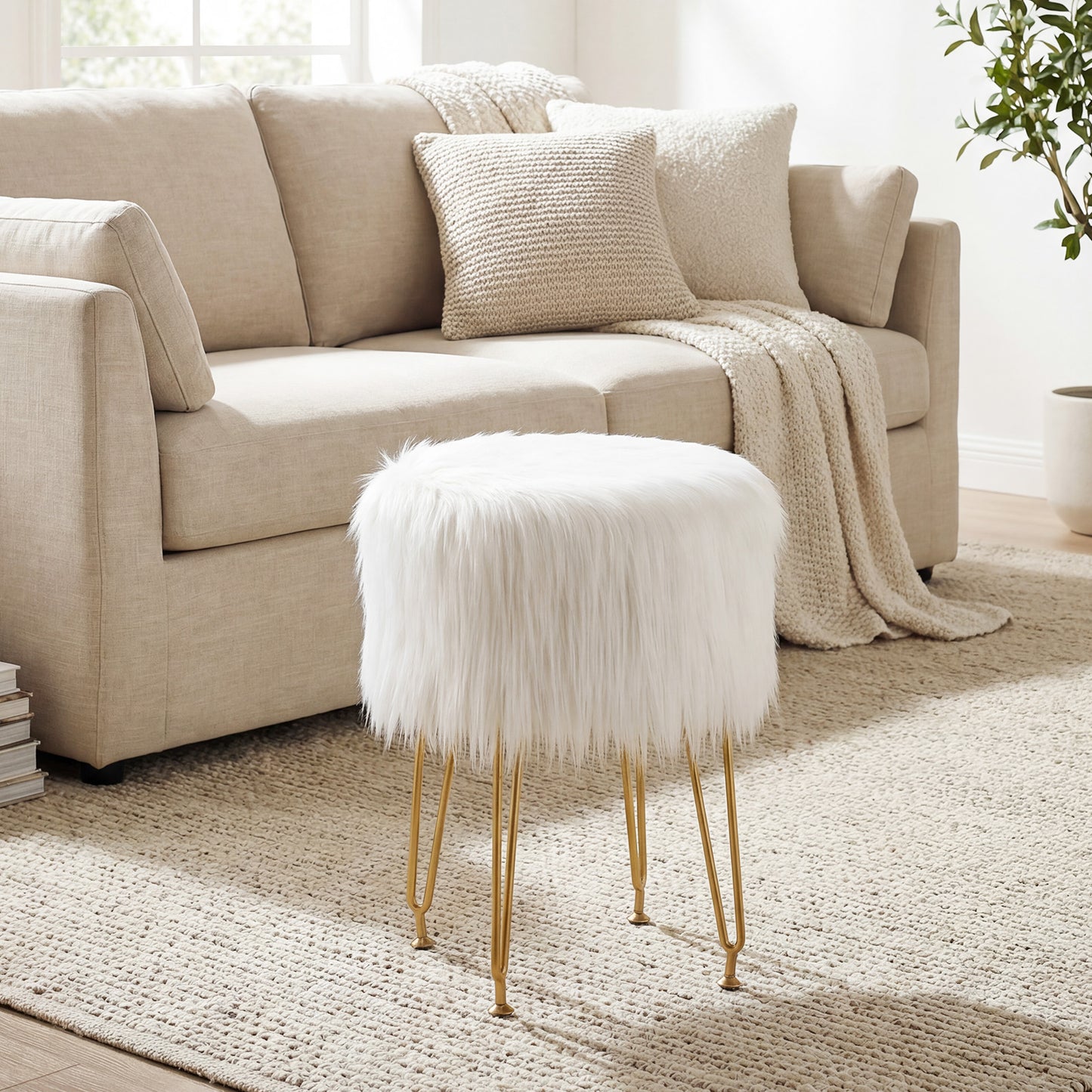 Faux Fur Vanity Stool with Metal Legs - 19.5" Height