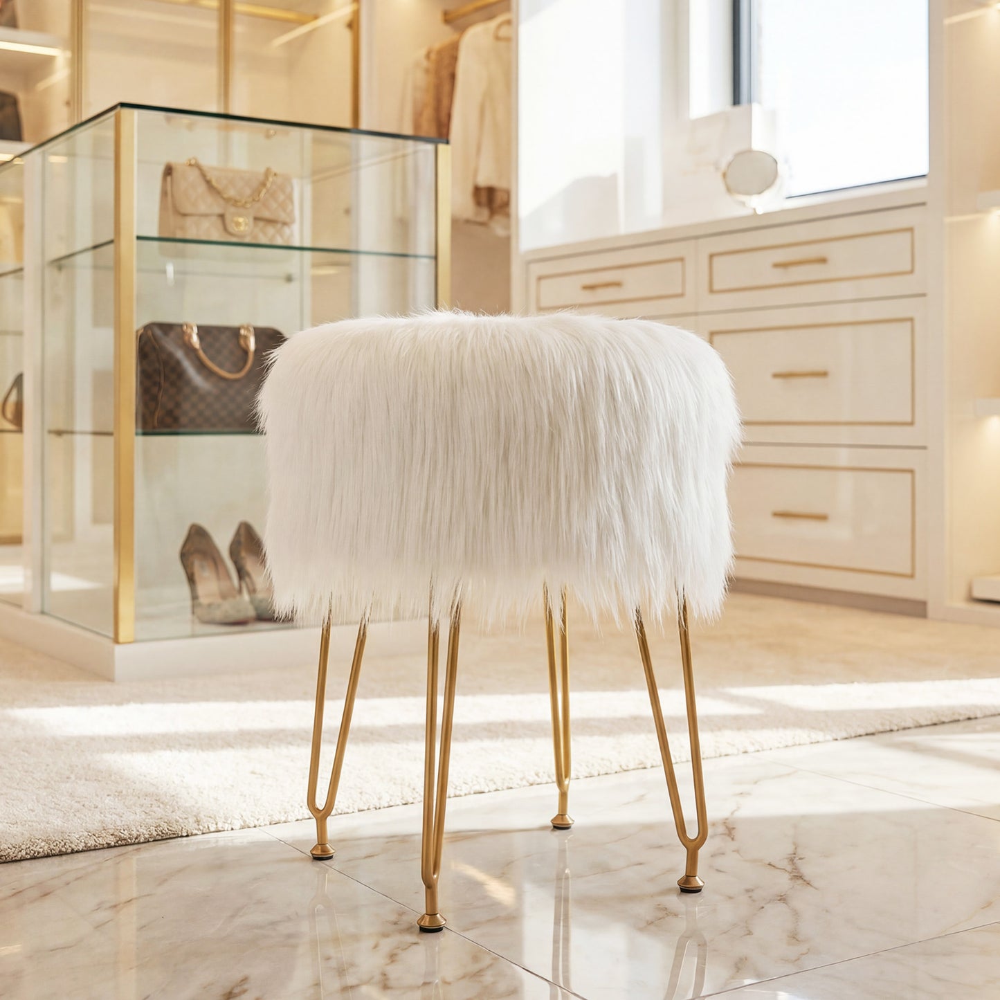 Faux Fur Vanity Stool with Metal Legs - 19.5" Height