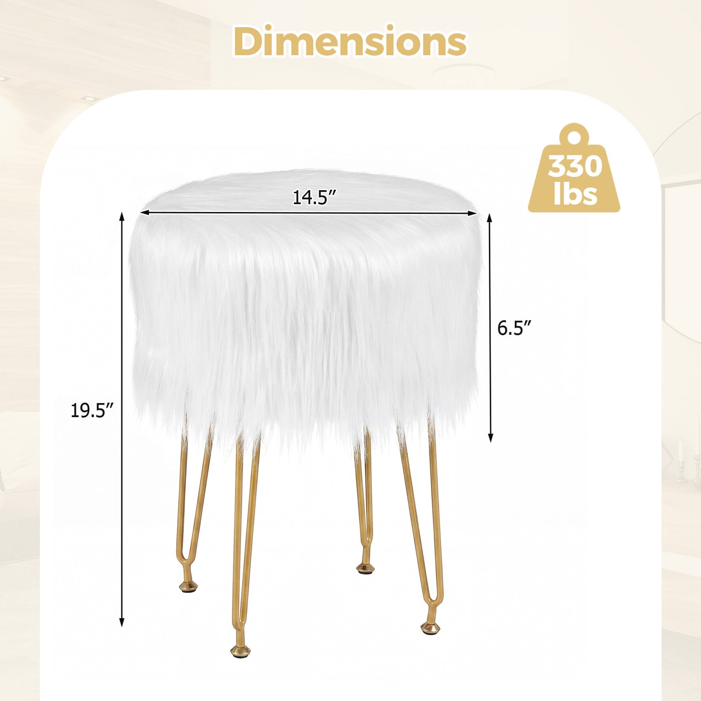 Faux Fur Vanity Stool with Metal Legs - 19.5" Height