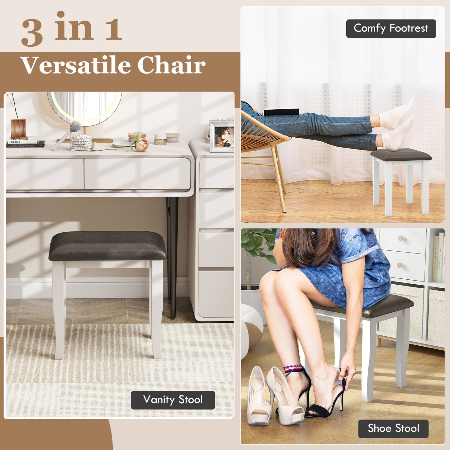 Faux Leather Vanity Stool Set of 2 - Gray and White