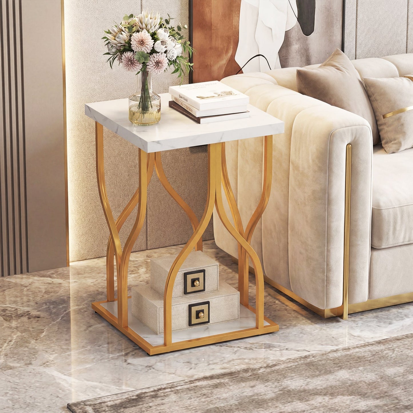 Faux Marble Bedside Night Stand with Petal-Inspired Metal Frame