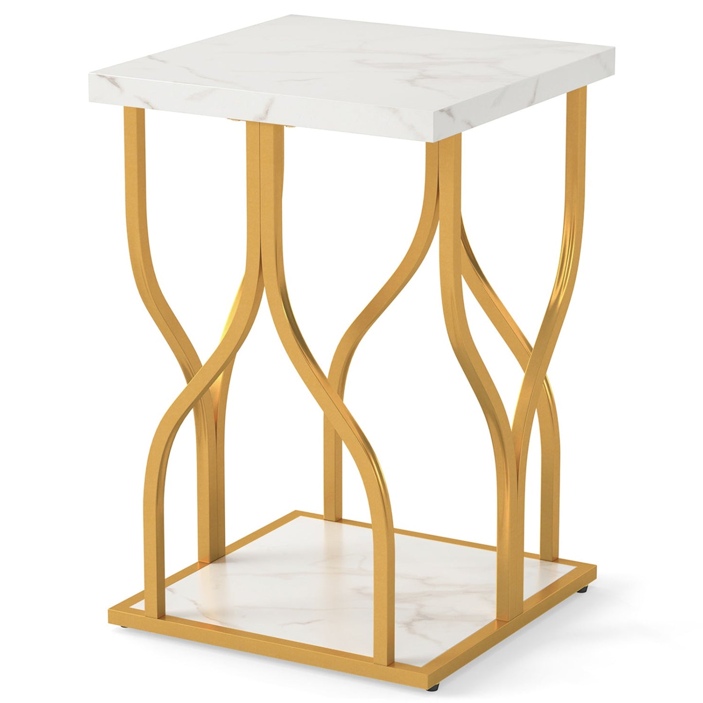 Faux Marble Bedside Night Stand with Petal-Inspired Metal Frame