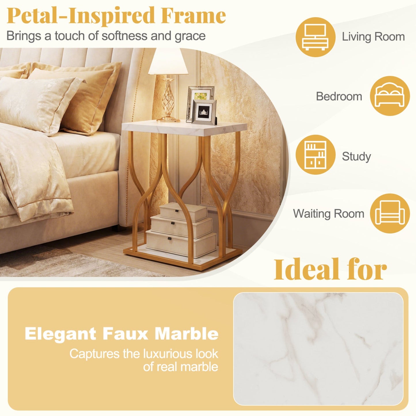 Faux Marble Bedside Night Stand with Petal-Inspired Metal Frame