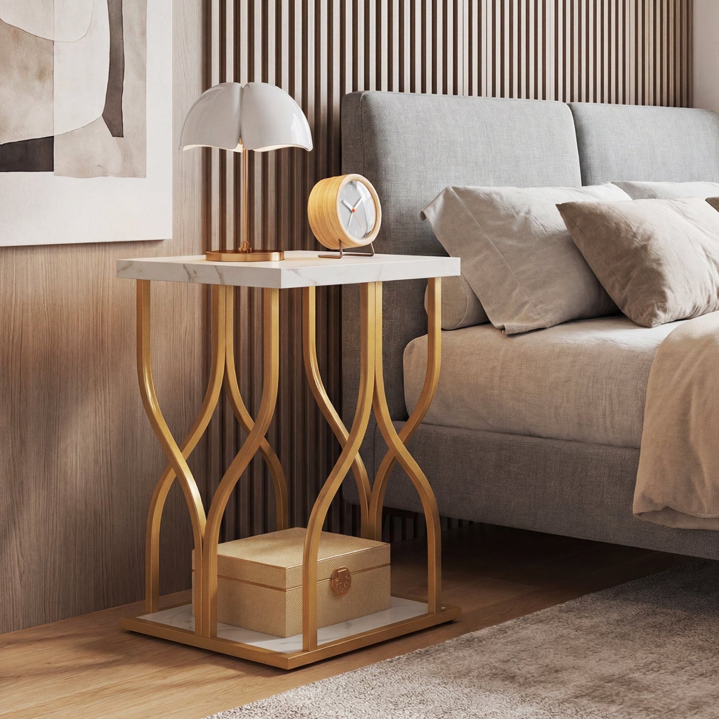 Faux Marble Bedside Night Stand with Petal-Inspired Metal Frame
