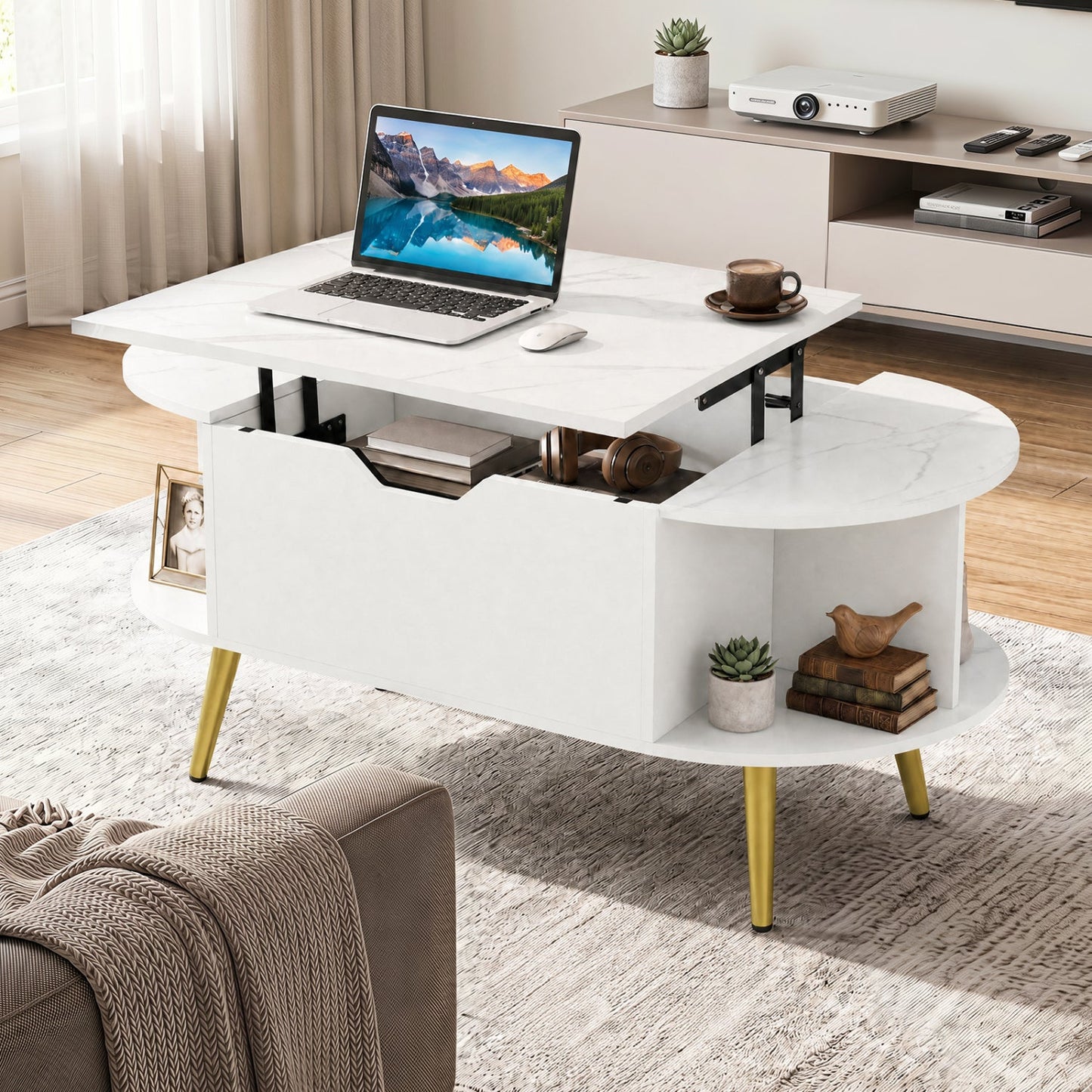 Lift Top Coffee Table with Hidden Compartment and Shelves
