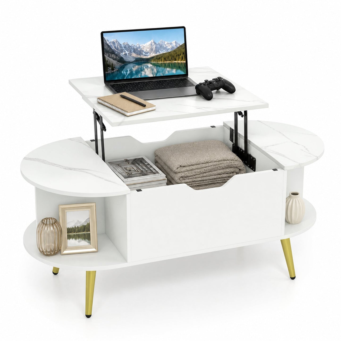 Lift Top Coffee Table with Hidden Compartment and Shelves