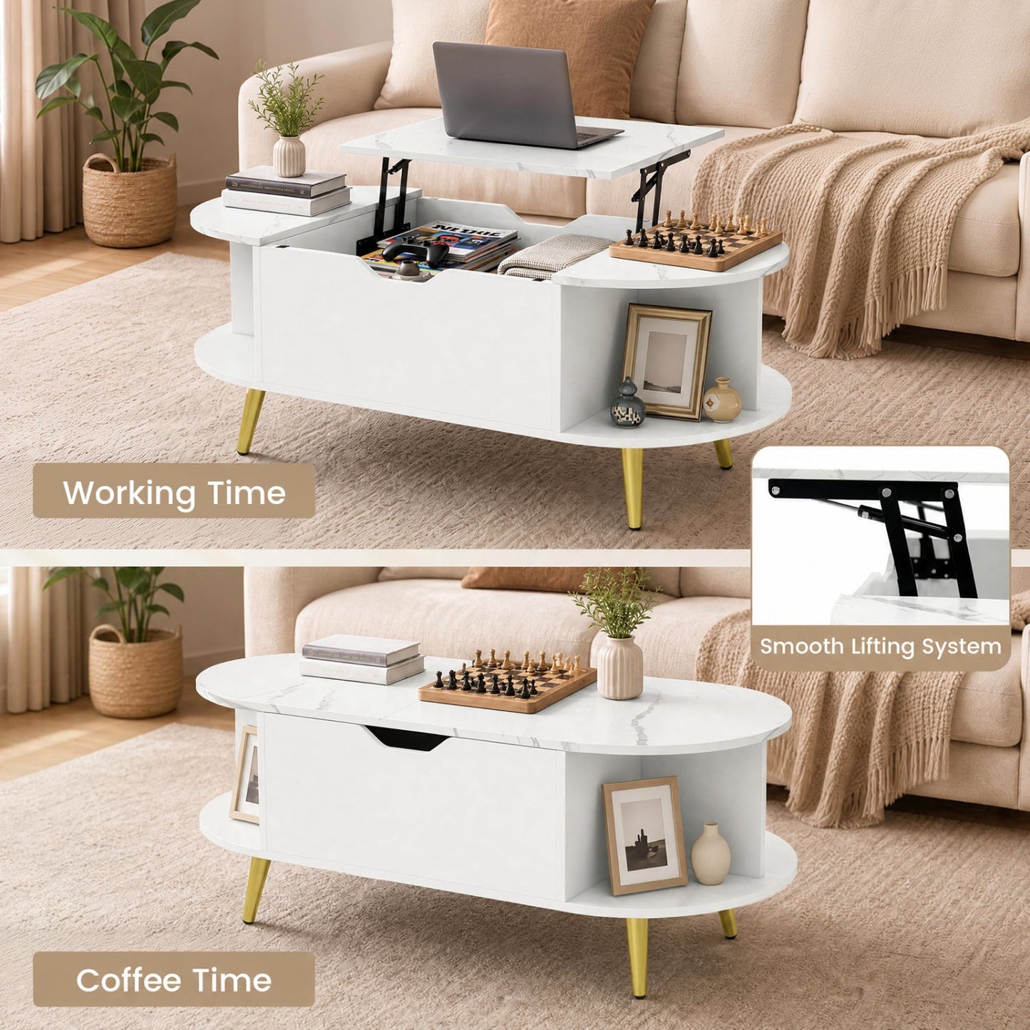 Lift Top Coffee Table with Hidden Compartment and Shelves